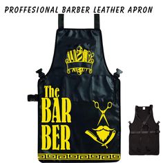 a black apron with yellow lettering on it and the words, professional barber leather apron