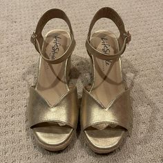 Beautiful And Comfortable Gold Ankle Strap Wedge Sandals By Lifestride. Size 8 Womens. Casual Gold Wedge Heel Sandals, Casual Gold Wedge Sandals, Casual Gold Ankle Strap Heels, Casual Gold Wedge Heels, Casual Wedge Sandals With 4-inch Heel For Spring, Gold Ankle Strap Wedge Sandals With Cushioned Footbed, Ankle Strap Wedges, Strap Wedge, Shoes Brand