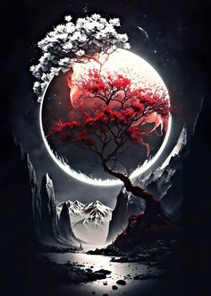 an artistic painting with red trees and mountains in the background, as well as a full moon