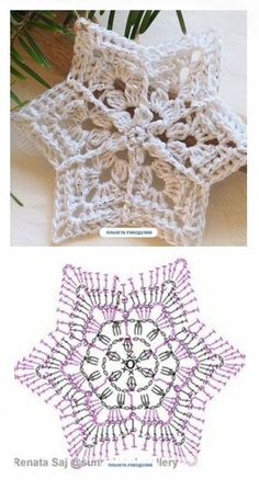 two pictures with different designs on them, one is crocheted and the other is made