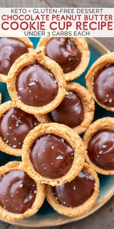 chocolate covered cookie cups on a plate with text overlay