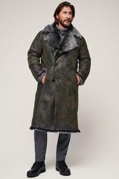 Ruggedly elegant and designed for maximum cold-weather coverage, the Highlander Toscana sheepskin coat is a prime example of fine craftsmanship. Its handsome double-breasted construction, generous notch collar overflowing with luxurious Toscana fur, shearling-out edges and cuffs, and extra length are based on archival Overland designs. Offering a grand presence, this rich shearling coat will reliably shield you from whatever bitter cold you may encounter, whether in the scenic outdoors or under the skyline of a bustling city. Featuring two slip pockets and one inner zip pocket. Luxury Sheepskin Outerwear For Outdoor, Formal Winter Sheepskin Outerwear, Classic Long Sheepskin Fur Coat, Luxury Sheepskin Long Coat, Luxury Fitted Sheepskin Outerwear, Luxury Hooded Sheepskin Fur Coat, Luxury Sheepskin Outerwear With Button Closure, Sheepskin Mink-colored Outerwear For Cold Weather, Business Travel Bag