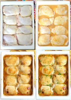 four white dishes filled with different types of chicken and potatoes in gravy sauce