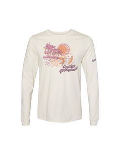 a white long - sleeved shirt with an orange and pink design on the chest