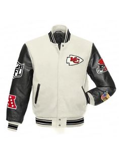 Taylor Swift Kansas City, Chiefs Jacket, Taylor Swift Black, Leather Varsity Jackets, Varsity Jackets, Movies Outfit, Leather Sleeves, Black And White Color, Genuine Leather Jackets