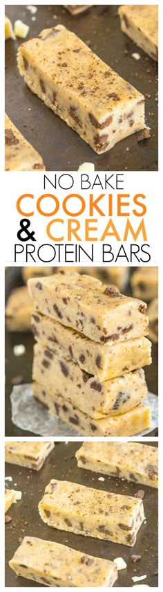 no bake cookies and cream protein bars are stacked up on top of each other