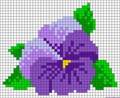 a purple flower with green leaves is shown in the cross stitch pattern on a white background