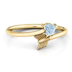 14K Yellow Gold Heart & Arrow Daughter's Ring with Aquamarine Stone | Jewlr Daughter Ring, Golden Arrow, Arrow Ring, Heart Stone, Aquamarine Stone, Heart With Arrow, Metal Band, Stone Heart, Gold Heart