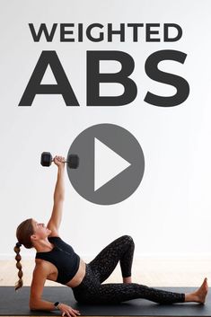 a woman is doing a dumbbell exercise with the words weighted abss above her