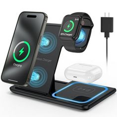 an iphone charging station with multiple devices connected to it