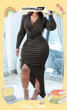 Black Fashion Sexy Solid Asymmetrical V Neck Long Sleeve Dresses Asymmetrical Maxi Dress, Casual Wear Dress, Evening Gown Dresses, Evening Gowns Elegant, Long Sleeve Dresses, Special Dresses, Style Noir, Black Long Sleeve Dress, Asymmetrical Skirt