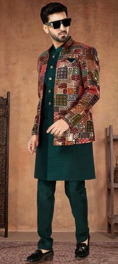 Green color Kurta Pyjama with Jacket in Silk fabric with Embroidered, Sequence, Thread work Green Embroidered Winter Sets, Embroidered Multicolor Winter Sets, Fitted Multicolor Outerwear For Festivals, Kurta Pyjama With Jacket, Party Wear Kurta, Kurta Pyjama, Kurta Design, Eid Special, Sequence Work