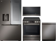 an assortment of kitchen appliances including stove, refrigerator and microwave