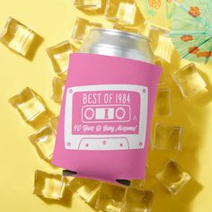 a pink can cooler with the words best of 1994 printed on it next to ice cubes