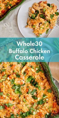 whole 30 buffalo chicken casserole in a green dish