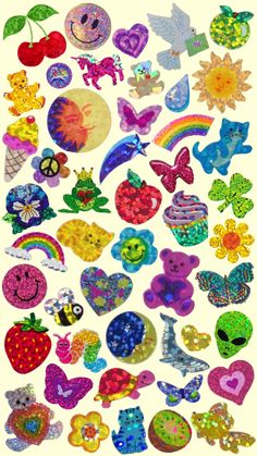 an assortment of colorful stickers on a white background