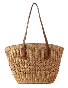 a straw bag with brown leather handles on the front and side, sitting against a white background