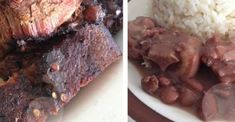 two pictures side by side one with meat and the other with rice on it's plate