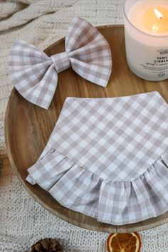 tan gingham dog bandana with ruffles and matching bow tie Dog Bandana Photoshoot, Dog Hair Bows Diy, Fall Dog Bandana, Dog Bows Diy, Diy Dog Bandana, Fall Gingham, Pet Lifestyle