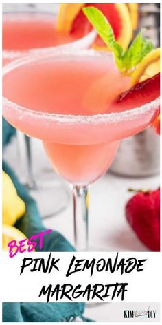 3 ingredient Pink Lemonade Margarita with tequila alcohol in margarita glass with salt on rim along with fresh lemon & strawberries Lemonade Margarita Recipe, Alcoholic Lemonade Drinks, Spiked Lemonade Recipe, Pink Alcoholic Drinks, Pink Lemonade Margarita, Lemonade Margarita, Pink Margarita, Thanksgiving Recipes Drinks, Drinks Alcohol Recipes Easy