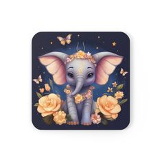 an elephant with flowers and butterflies on it's head