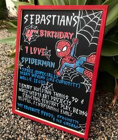 a spiderman birthday party sign in front of a succulent plant with the name sebastian's on it