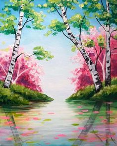 an oil painting of trees and water with pink flowers on the tree trunks in the foreground