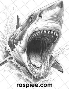 a drawing of a great white shark with its mouth open and it's teeth wide open