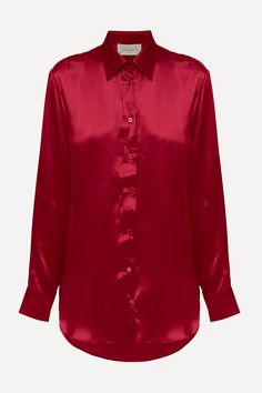 Women Pajama Lightweight Shirt. Silk satin button down shirt with classic menswear-inspired silhouette, back straight yoke and curved hem.- 100% Italian cherry red silk satin- mother-of-pearl buttons- tailored in Ukraine