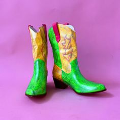 faux leather cowboy boot size 8 these are hand painted and never worn, please anticipate some adjustments while breaking in the boots. these are not water resistant. Multicolor Western Boots With Snip Toe, Green Western Ankle Boots, Green Western Style Ankle Boots, Western Multicolor Leather Boots, Multicolor Western Leather Boots, Multicolor Leather Western Boots, Green Western Boots With Pointed Toe, Green Pointed Toe Western Boots, Breaking In