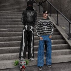 two people standing next to each other in front of stairs with clowns on them