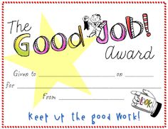 the good job award certificate is shown