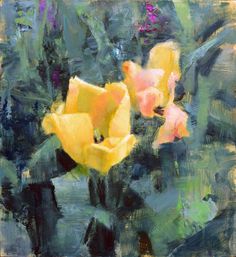 an oil painting of yellow flowers in a vase