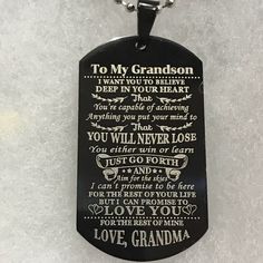 To My Grandson Stainless Steel Dog Tag Necklace. Chain Is Approx. 20.5”, Pendant Is Approx. 2”. Adjustable Black Necklaces For Mother's Day, Adjustable Black Necklace For Mother's Day, Personalized Black Necklace For Birthday, Personalized Black Jewelry For Father's Day, Personalized Black Jewelry For Memorial, Personalized Black Engraved Jewelry, Black Jewelry For Father's Day Personalized Gift, Black Engraved Jewelry For Personalized Gift, Personalized Black Dog Tag Jewelry