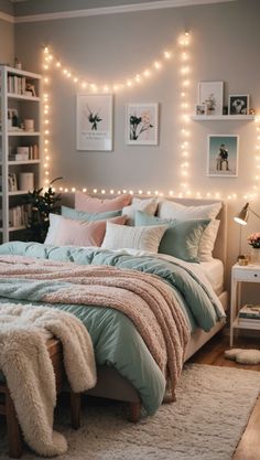 a bedroom with lights strung above the bed and rugs on the floor in front of it