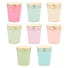 six pastel colored cups with gold rims on each one, all in different colors