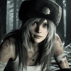 a woman with long hair wearing a fur hat and white shirt in the woods looking at the camera