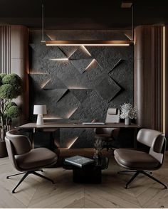 a modern office with black walls and leather chairs in front of a table that has a lamp on it