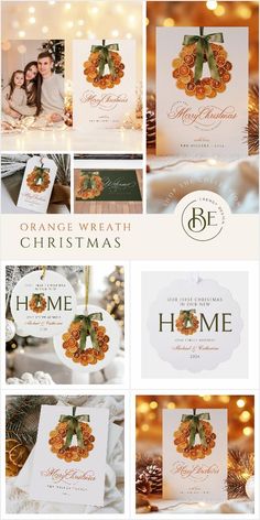 the orange wreath christmas card is displayed in this collage