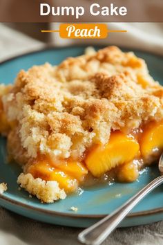 a piece of peach dump cake on a blue plate