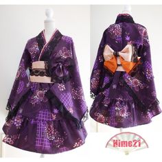 Japanese Kimono Dress Purple Flower Lace Silk Cosplay Gothic and... ($276) ❤ liked on Polyvore featuring dresses, kimono, cosplay, lace two piece and obi belt Maid Clothing, Japanese Style Dress, Dresses Cosplay, Japanese Kimono Dress, Kimono Cosplay, Susanoo Naruto, Lace Silk