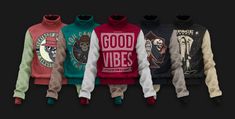 four different colored sweaters with the words good vibes on them