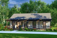 This rustic take on a classic cabin design offers a cozy 2 bedroom abode with a beautiful outdoor living space under a covered 8 Cabin Plan, Beautiful Outdoor Living Spaces, A Small House, Ranch House Plan, Cottage Plan, Farmhouse Plan, Small Cabin, Modern Farmhouse Plans