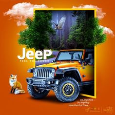 an orange jeep parked in front of a forest with an owl sitting on the ground