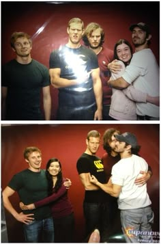 two pictures of people standing in front of a red wall and one has his arm around the other