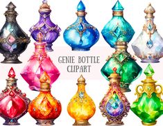 a group of different colored glass bottles with gold trimmings and jewels on them