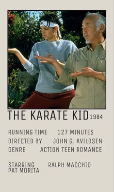 the karate kid movie poster with two men in front of trees and one man holding out his hand