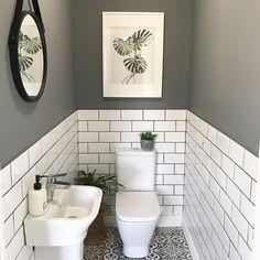 a white toilet sitting next to a sink in a bathroom under a framed plant on the wall