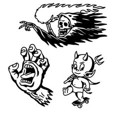 three cartoon characters with different expressions on their faces and hands, one in black and white