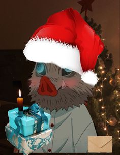 an animated image of a bird with a santa hat and presents in front of a christmas tree